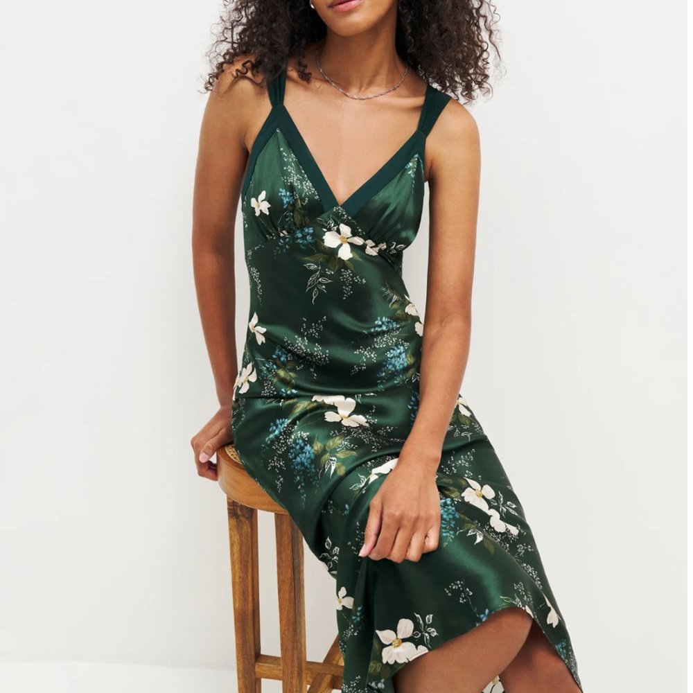 NEW Reformation Neola Silk Midi Dress - Portia Green Floral - Picture 4 of 10